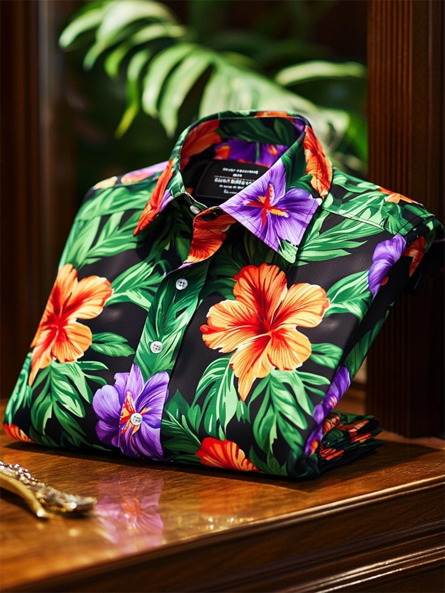 Men's Satin Luxe Hawaiian Print Short Sleeve Button Shirt