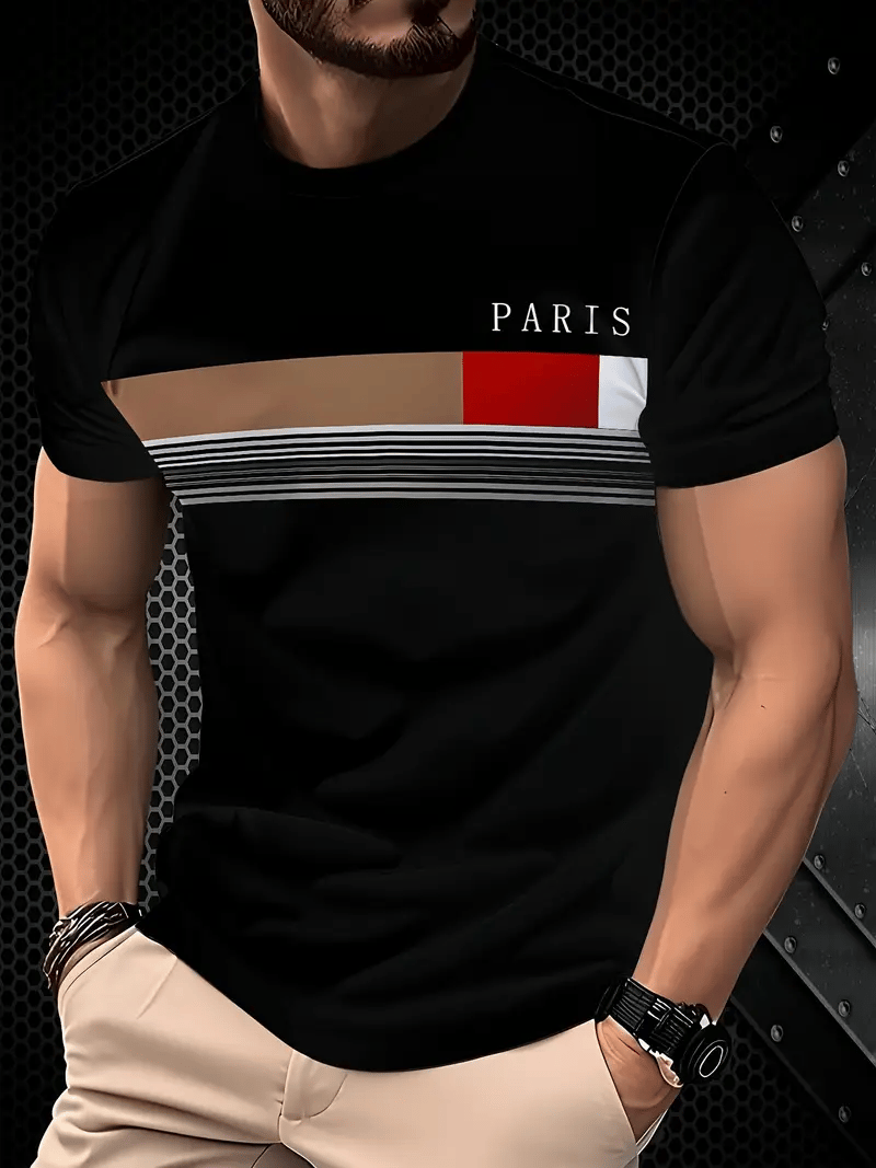 Men's short-sleeved T-shirt with striped logo print