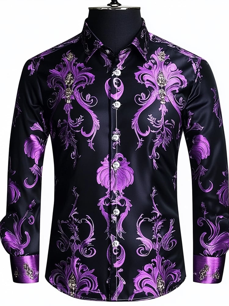 Men's Business Black Purple Luxury Floral Long Sleeve Shirt