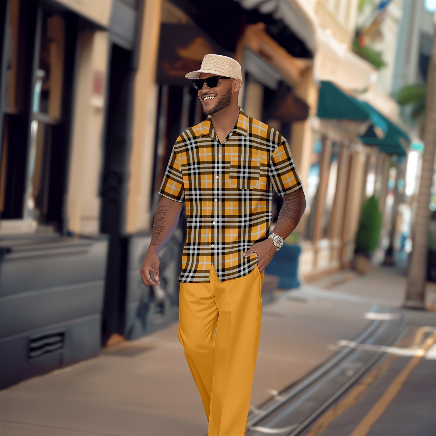 Men's Retro Plaid Colorblock Short Sleeve Shirt Walking Suit 1650