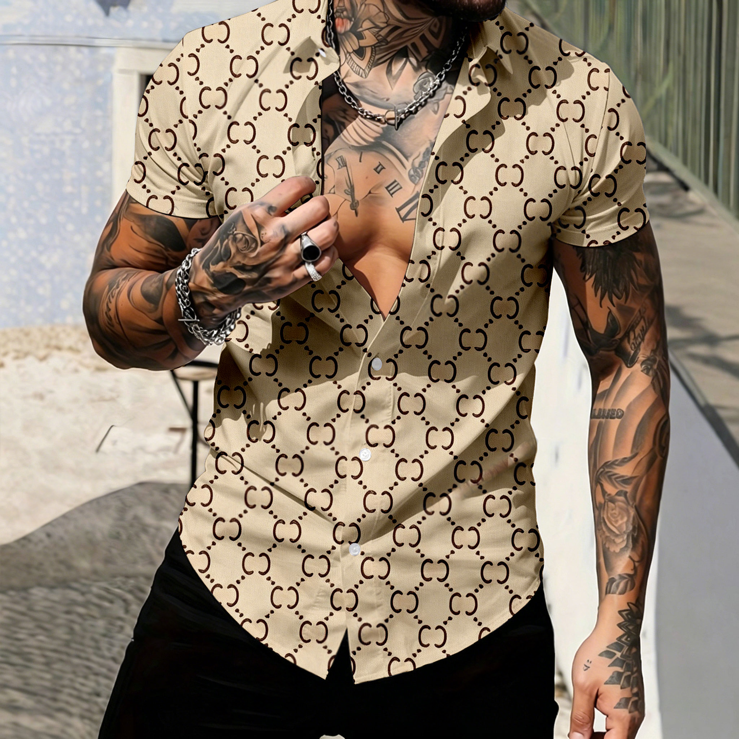 Men's Casual Khaki Short-Sleeve Shirt With Vintage Floral Print