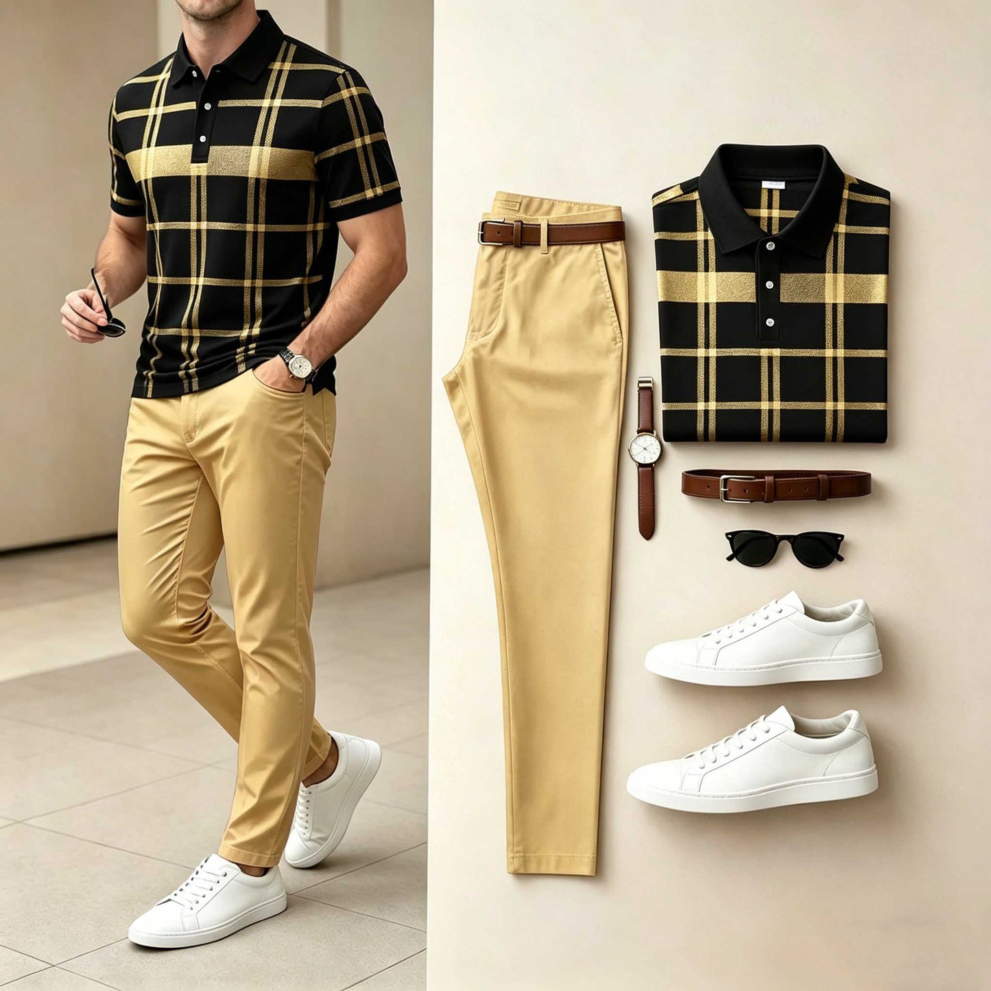 Men's Casual Black Gold Plaid Printed Polo Shirt & Pants Two-Piece Set