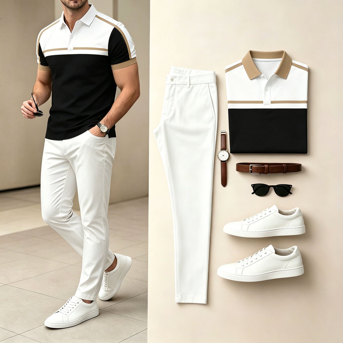 Men's Black & White Color Matching Geometric Printed Short Sleeves Polo Shirt & Pants Two-Piece Set