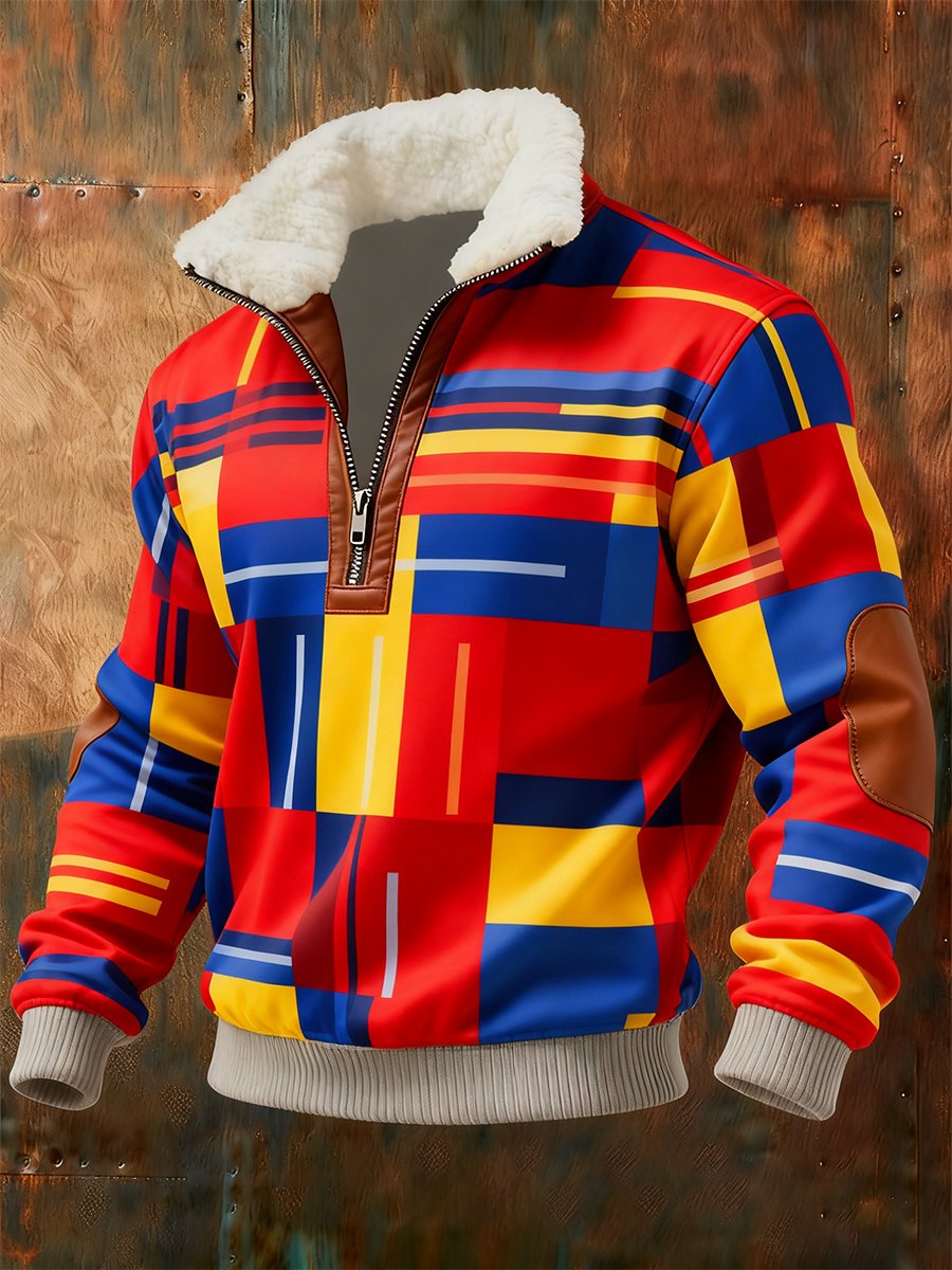 Men's Retro Geometric Quarter Zip Fleece Neck Sweatshirt