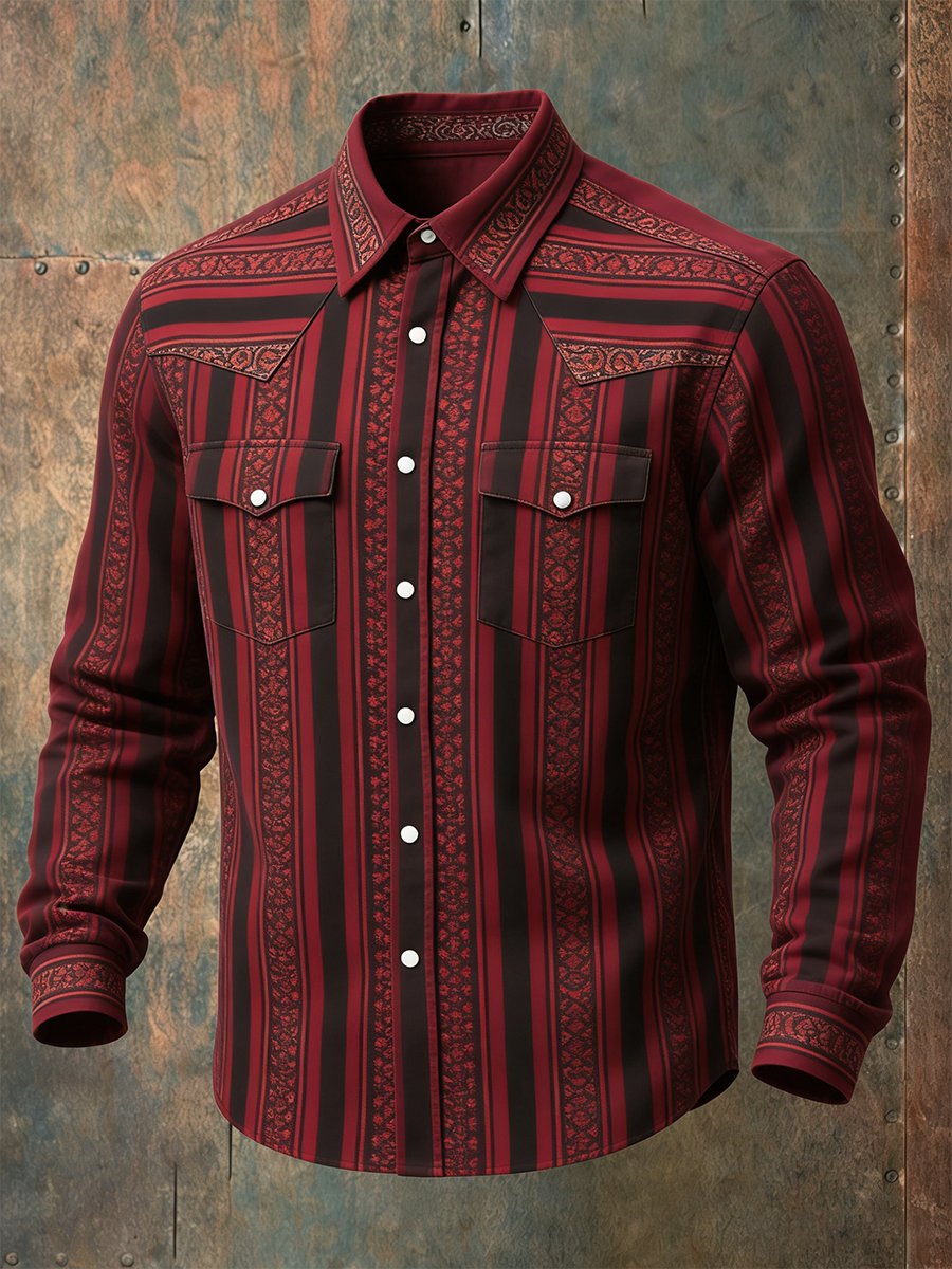Men's Vintage Striped Western Long-Sleeved Shirt