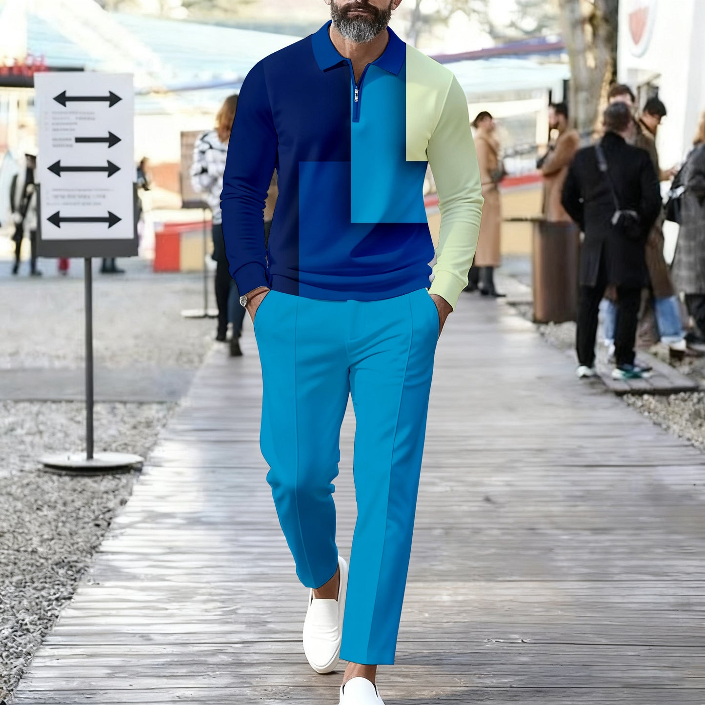 Men's Casual Color Matching Printed Polo-Collar Zipper Long Sleeved Trousers Two-Piece Set