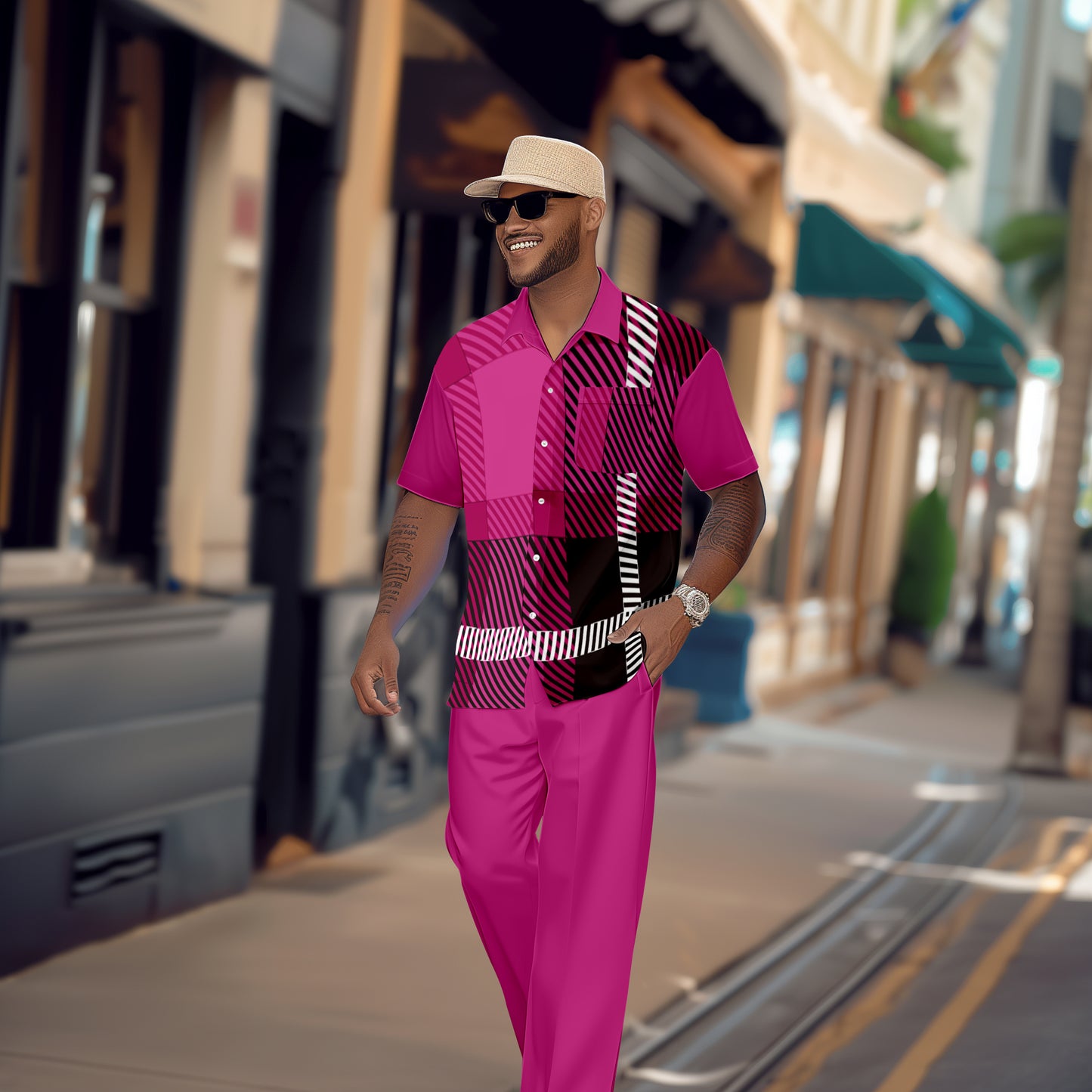Men's Retro Colorblock Short Sleeve Shirt Walking Suit 1555