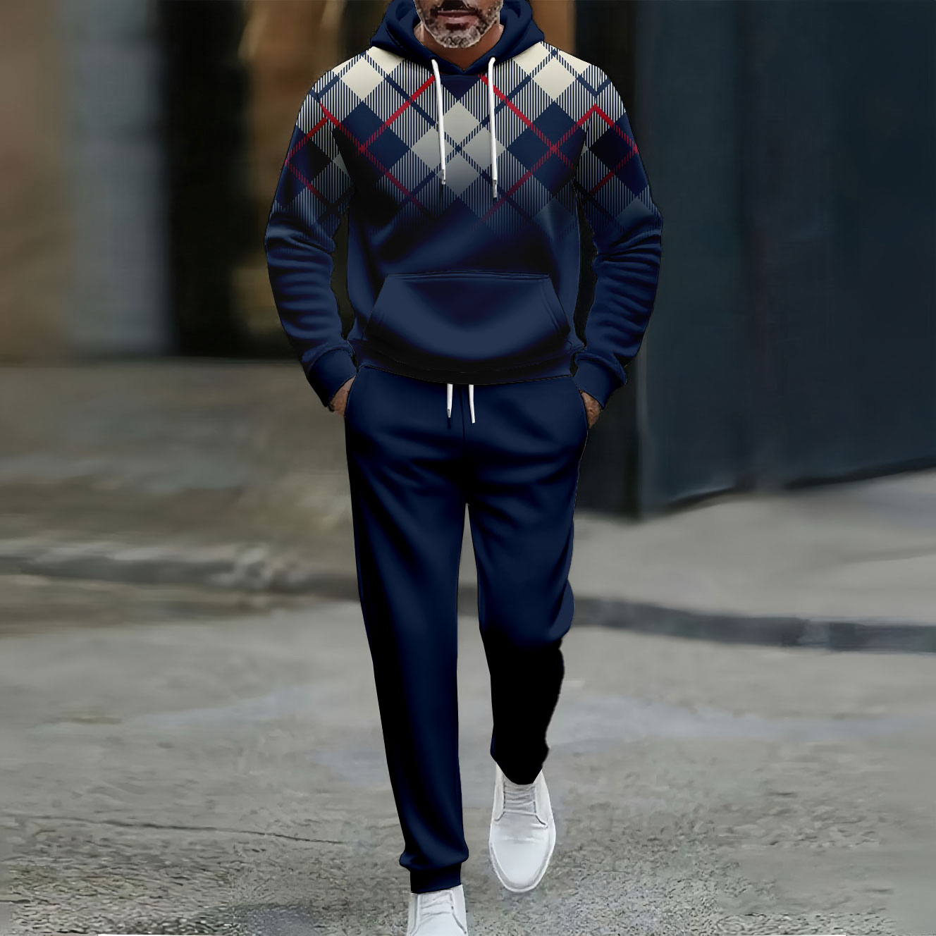Men's Casual Color Matching Checked Gradient Printed Hooded Long Sleeved Trousers Navy Blue Two-Piece Set
