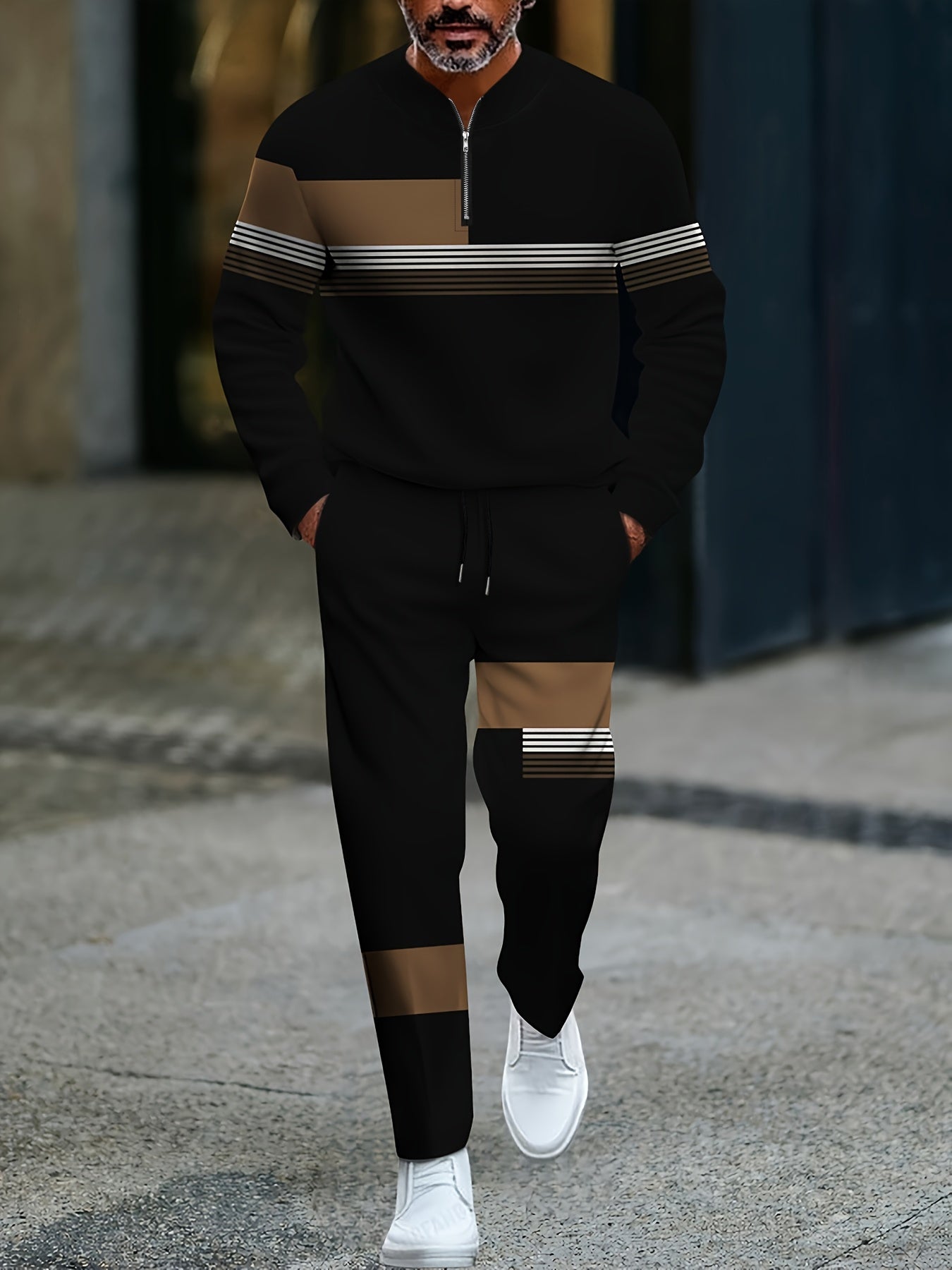 Men's Casual Color Matching Printed Round-Neck Zipper Long Sleeved Trousers Two-Piece Set
