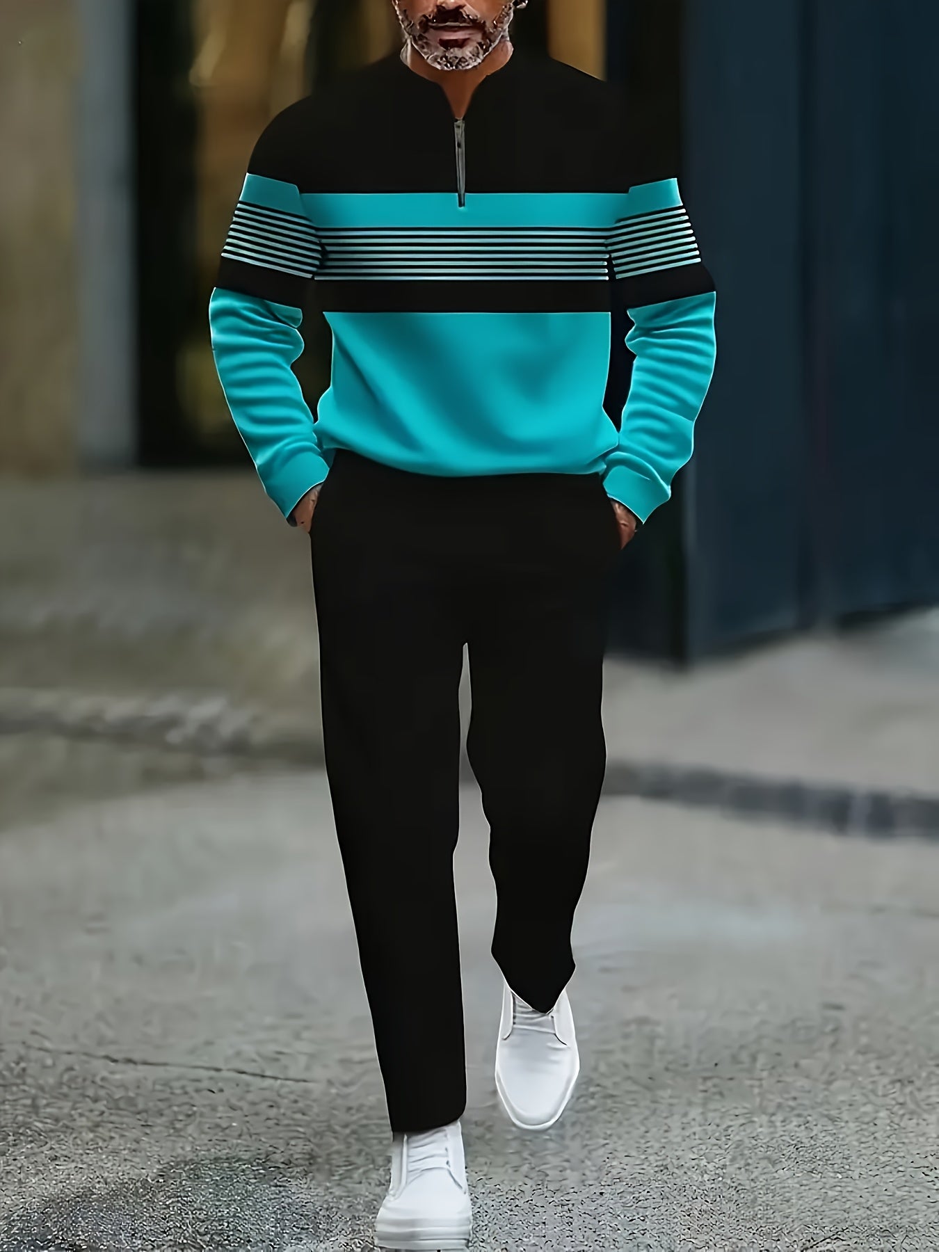 Men's Casual Color Matching Printed Round-Neck Zipper Long Sleeved Trousers Two-Piece Set