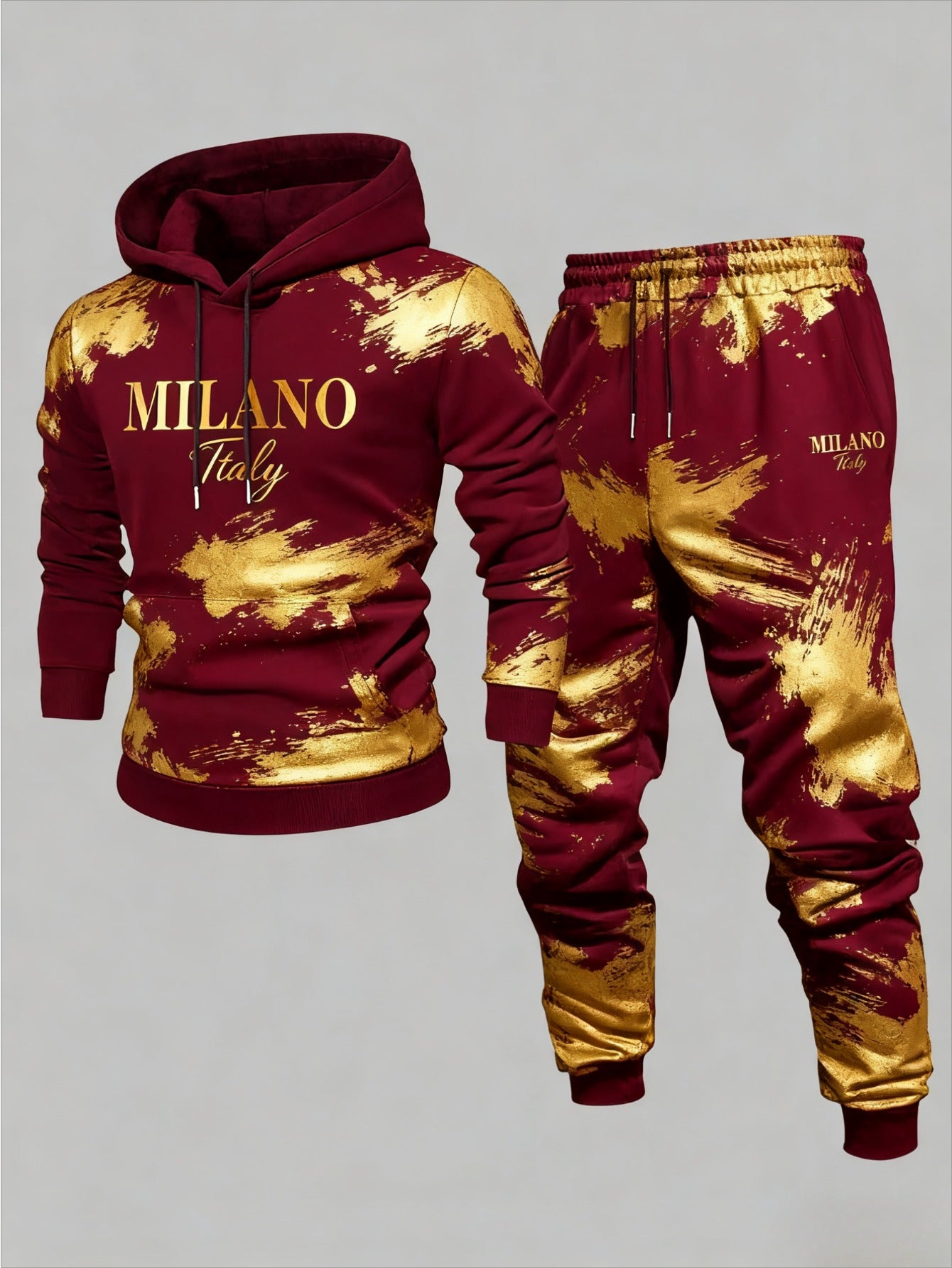 Men's Casual Gold & Marron Color Matching Printed Hoodies Long Sleeved Sweatshirts & Sweatpants Two-Piece Set