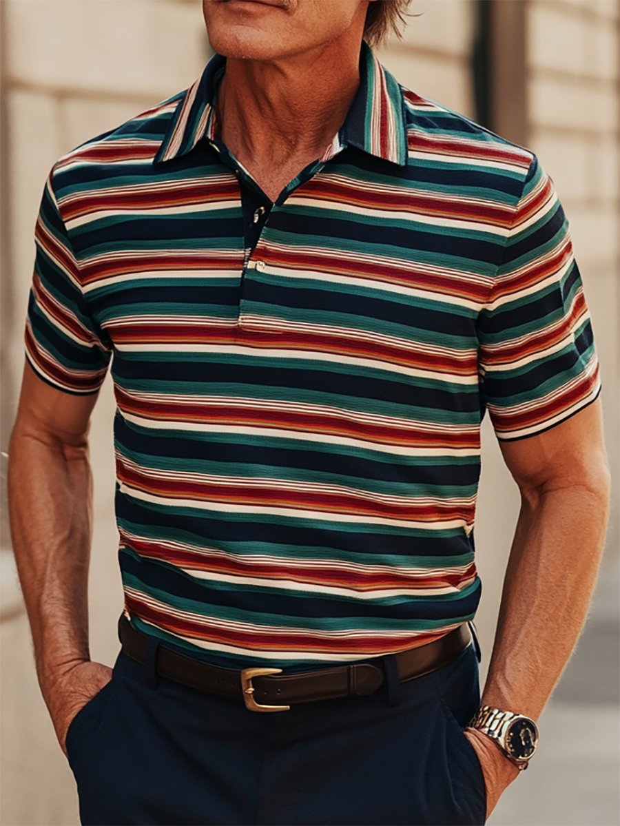 Men's Casual Business Stripe Print Button-Down Short Sleeve Polo Shirt
