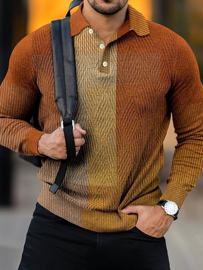 Colorblocked Stripe Casual Long Sleeved Men'S Knit Polo Shirt