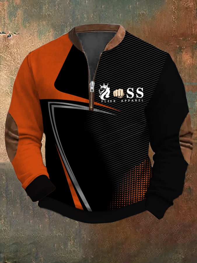 Men's Retro Letter Design Printed Casual Zipper Collar Long-Sleeved Sweatshirt