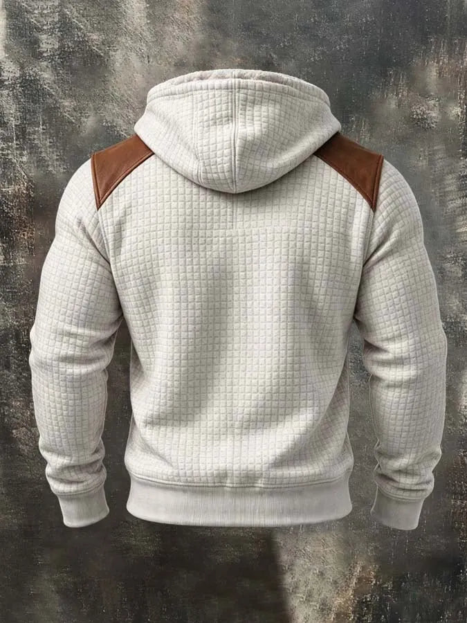 Men'S Retro Textured Checkered Faux Suede Hooded Jacket With Fleece Lining And Panel Detailing