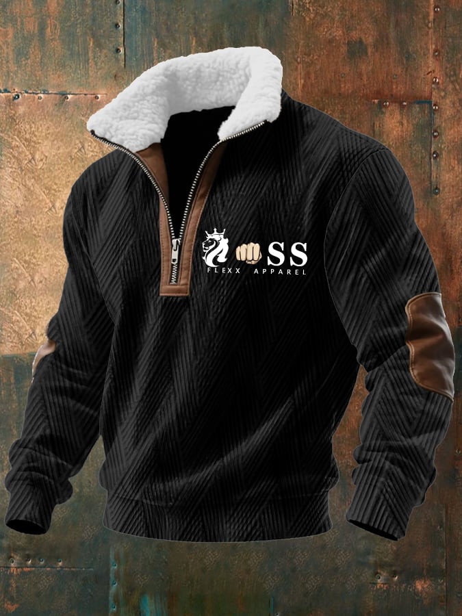 Men's Retro Letter Design Jacquard Fabric Zipper Fur Collar Long-Sleeved Sweatshirt
