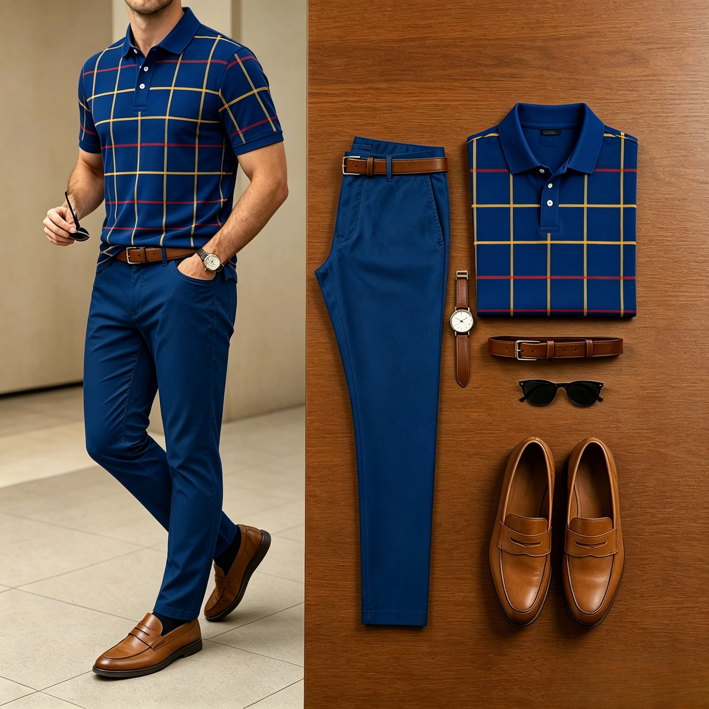 Men's Casual Retro Golden Baroque Printed Polo Shirt And Pants Two-Piece Set