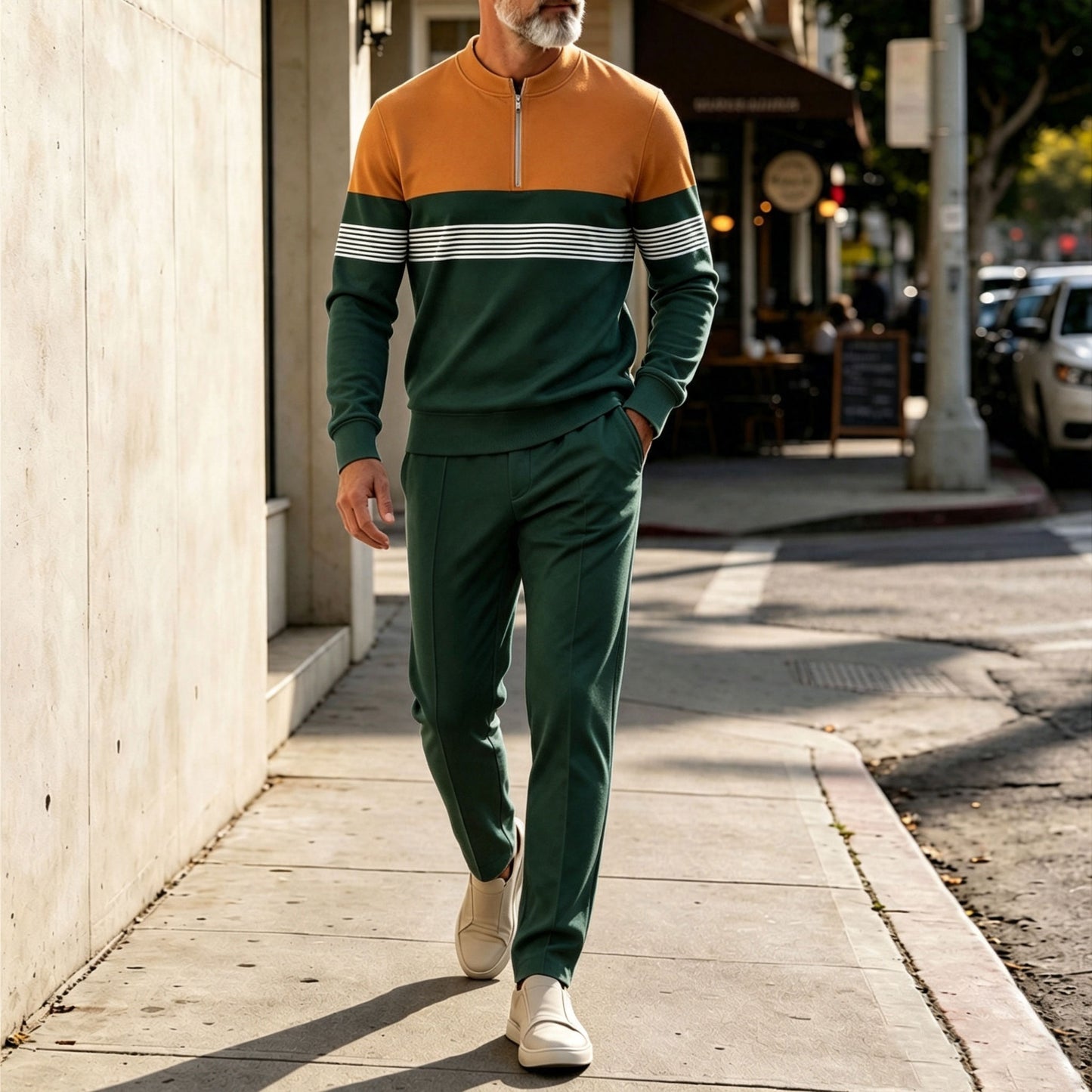 Men's Two-Tone Round-Neck Zipper Long-Sleeve Shirt and Pants Set