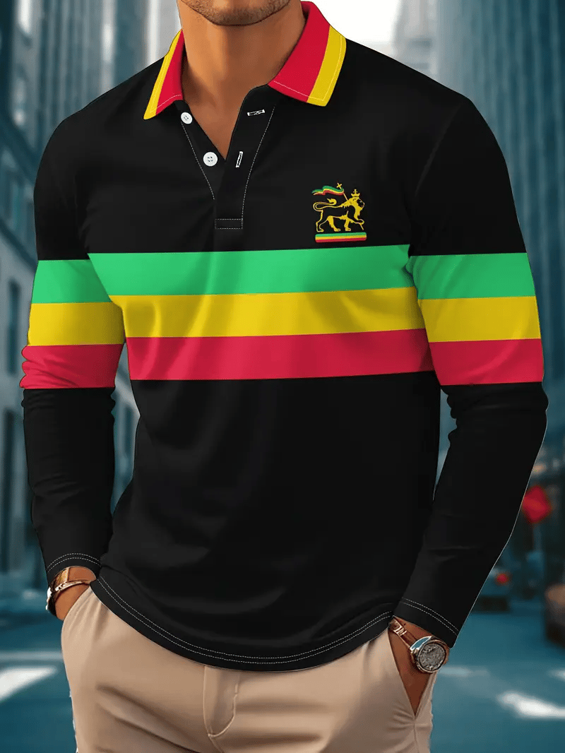 Men's Retro Business Stripe Print Long Sleeve Polo Shirt