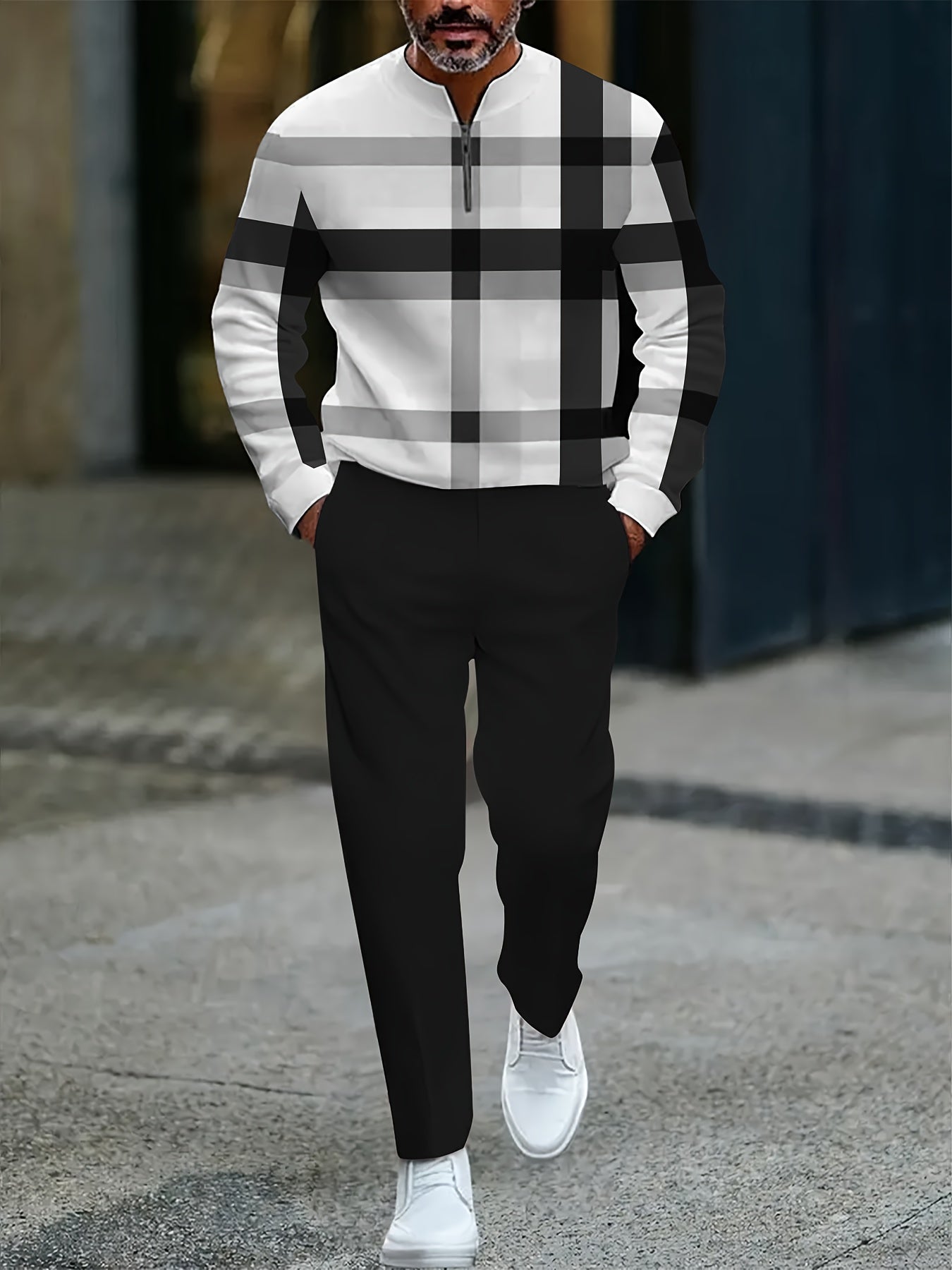 Men's Casual Color Matching Printed Round-Neck Zipper Long Sleeved Trousers Two-Piece Set