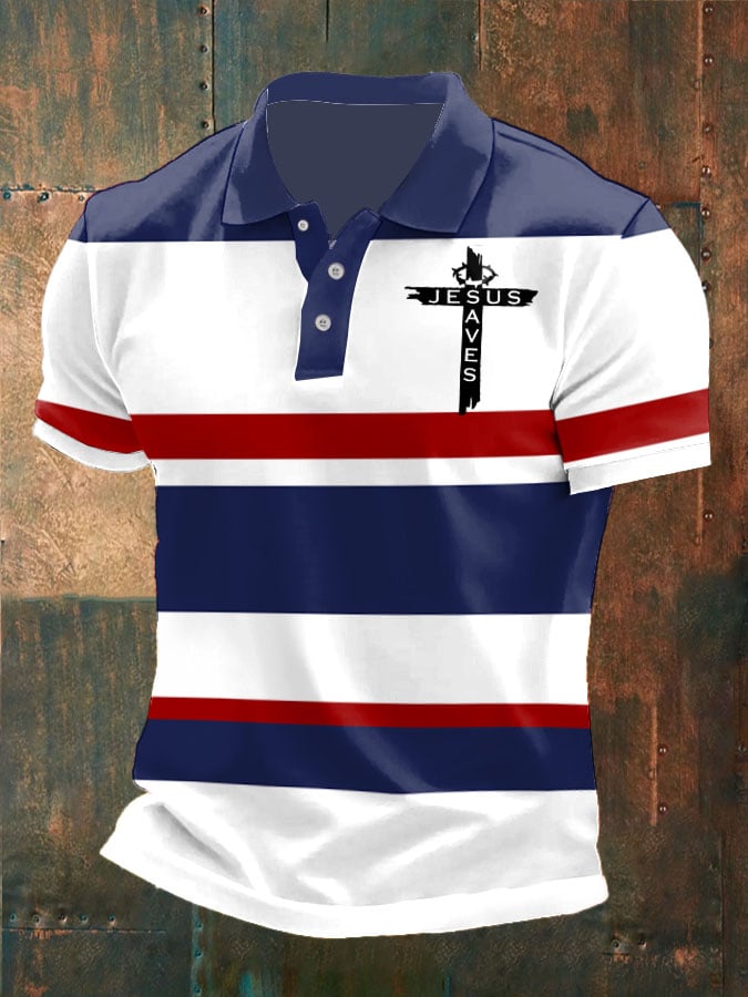 Man's Retro Jesus Saves Cross Printed Polo Shirt