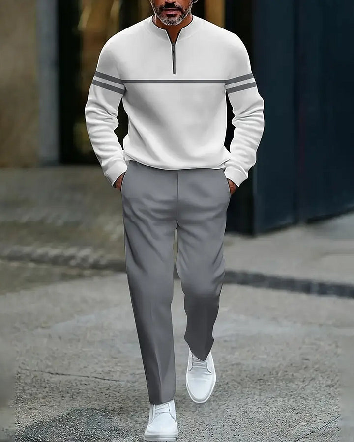 Men's Casual Color Matching Printed Round-Neck Zipper Long Sleeved Trousers Two-Piece Set