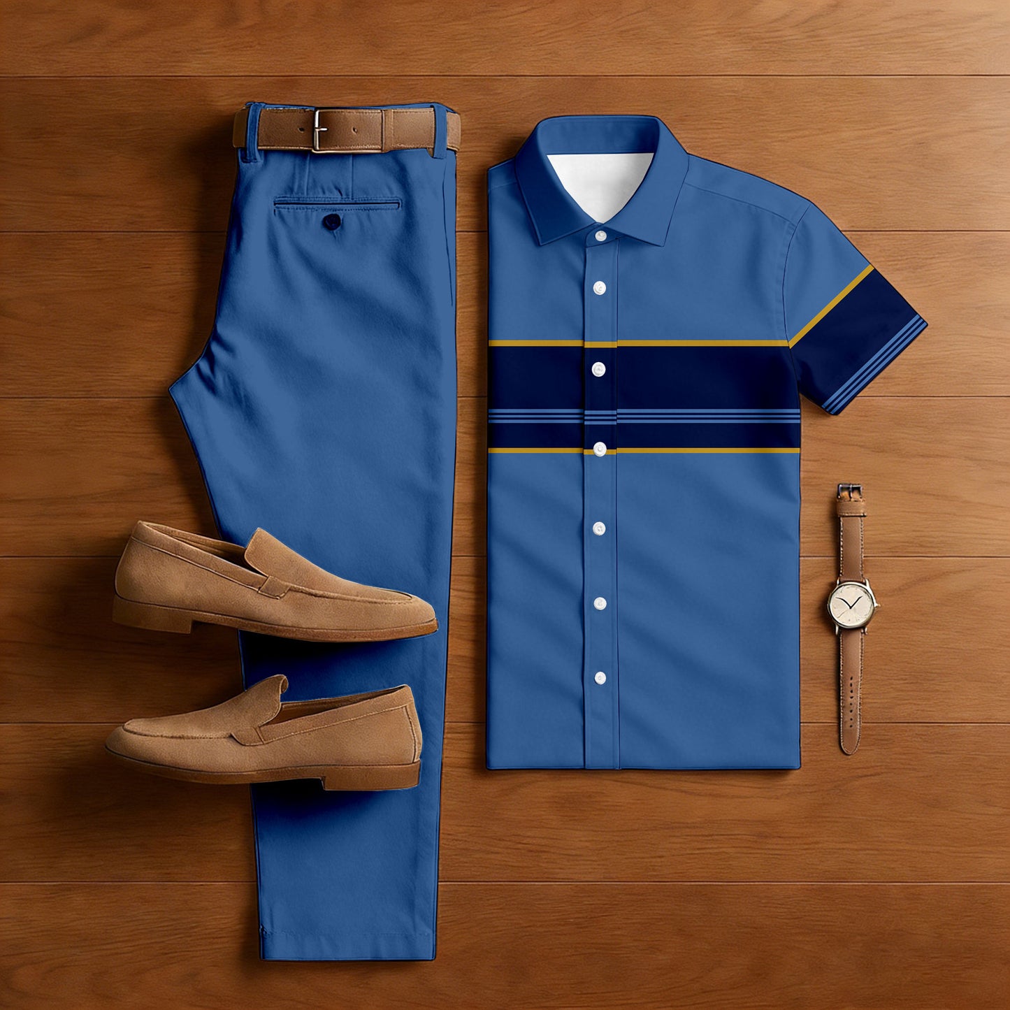 Men's Casual Royal Blue Color Matching Striped Print Short-Sleeve Shirt & Trousers Two-Piece Set