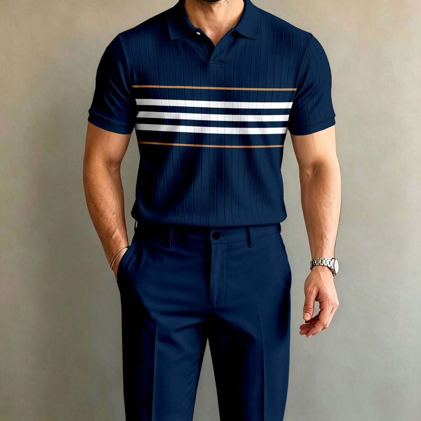 Men's Blue Striped Short-Sleeve Polo Shirt and Pants Set