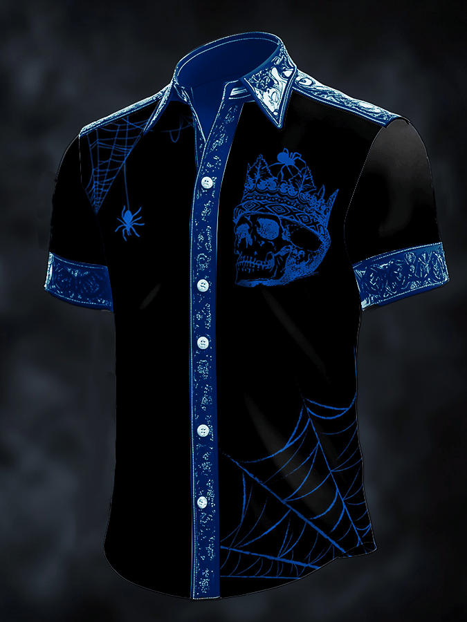 Men's Dark Skull Print Satin Short Sleeve Shirt