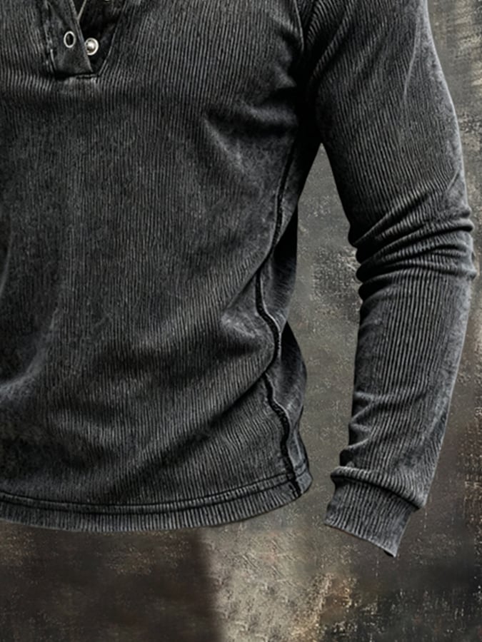 Men'S Vintage Ribbed Pure Cotton Washed And Distressed Long-Sleeved T-Shirt