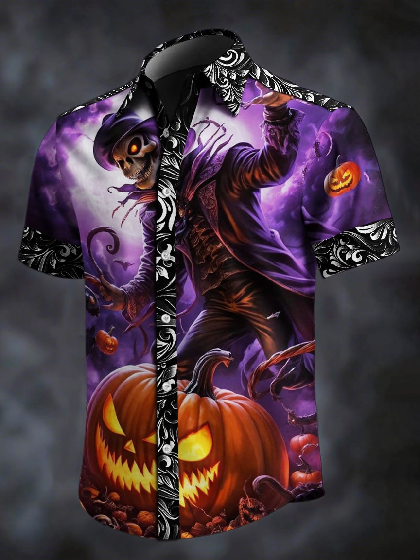 Men's Retro Skull Print Lapel Short Sleeve Shirt