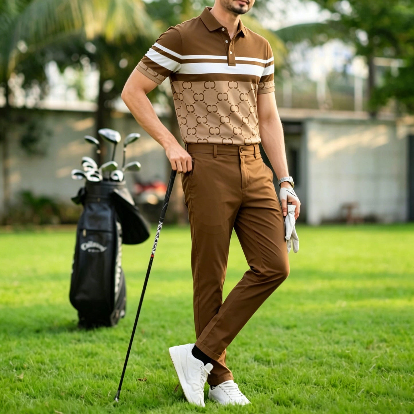 Men's Casual Dark Brown Plaid Printed Polo Shirt And Pants Two-Piece Set