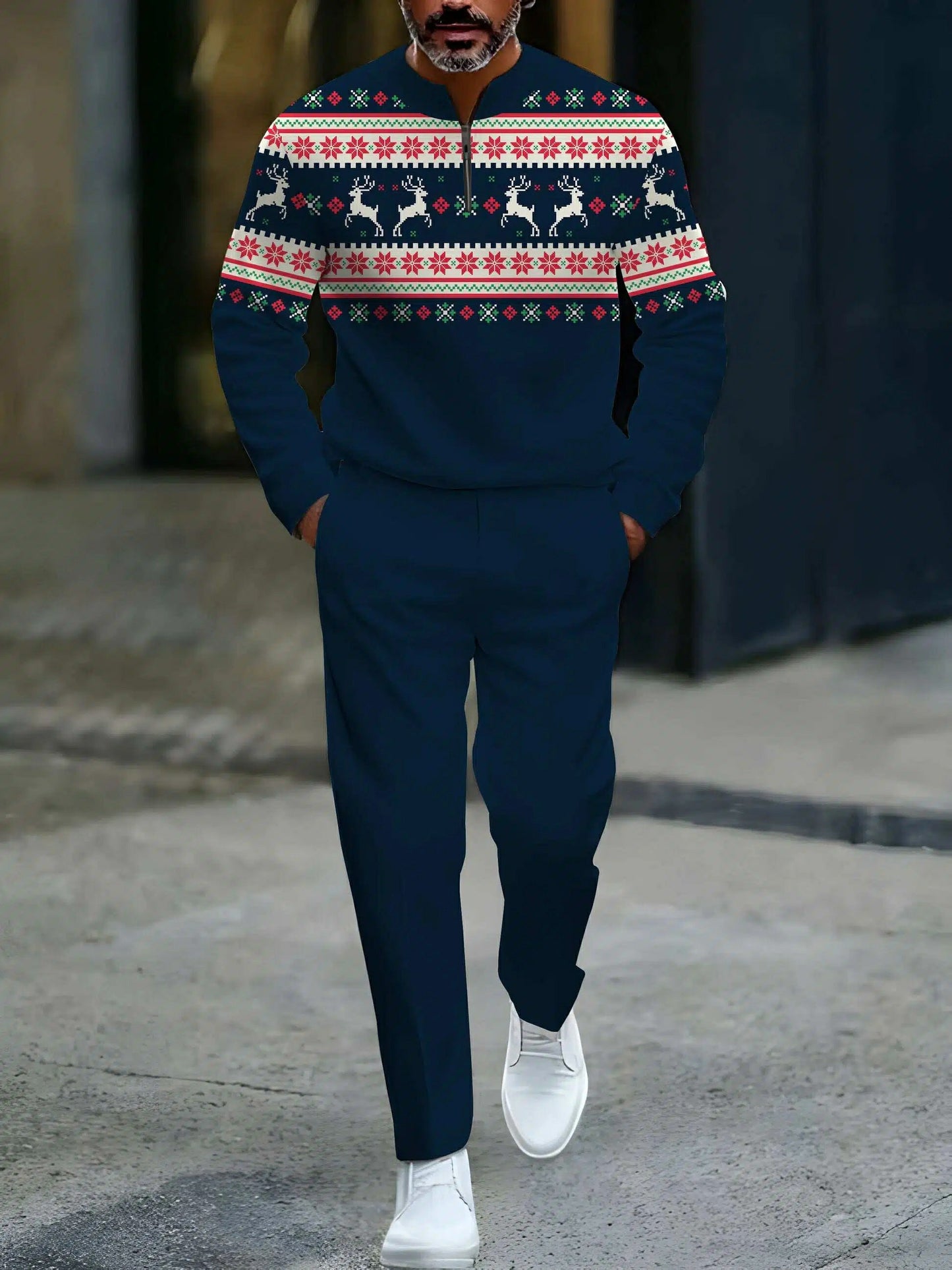 Men's Casual Navy & Red Color Matching Elk Christmas Pattern Round-Neck Zipper Long Sleeved Sweatshirt & Trousers Two-Piece Set