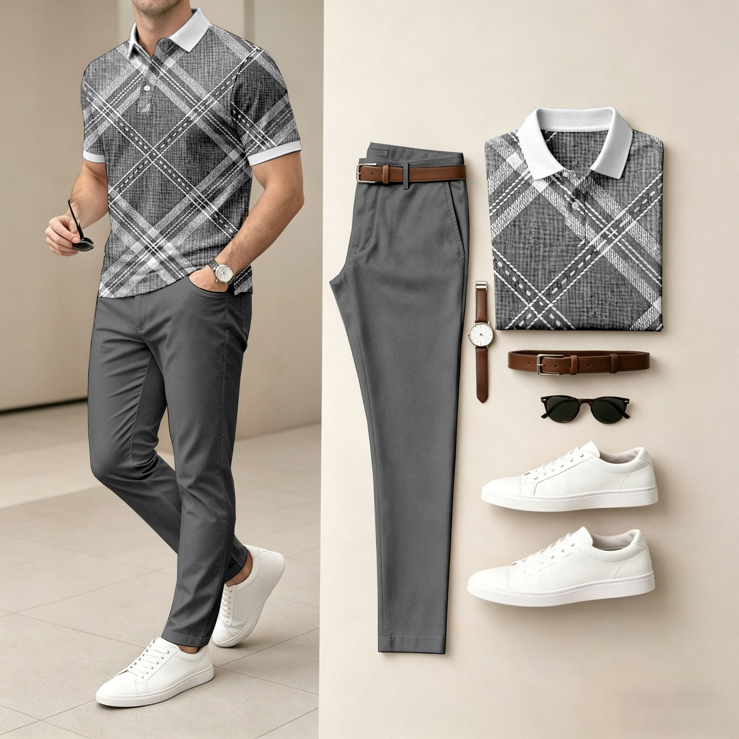 Men's Casual Diamond Patterned Printed Polo Shirt And Pants Two-Piece Set