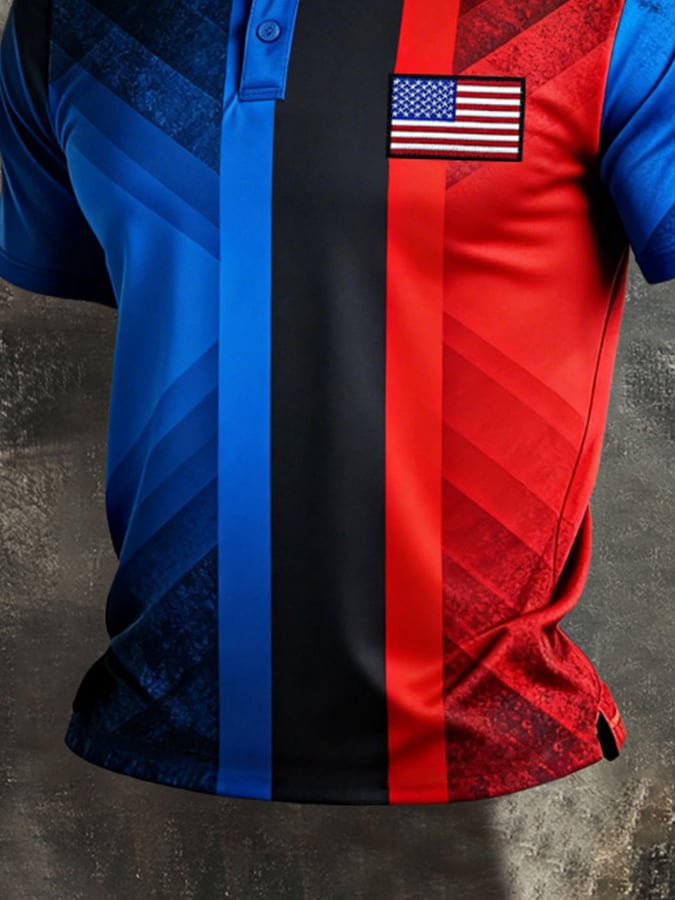 Men's Retro Patriot Color Block Polo Collar Short Sleeve