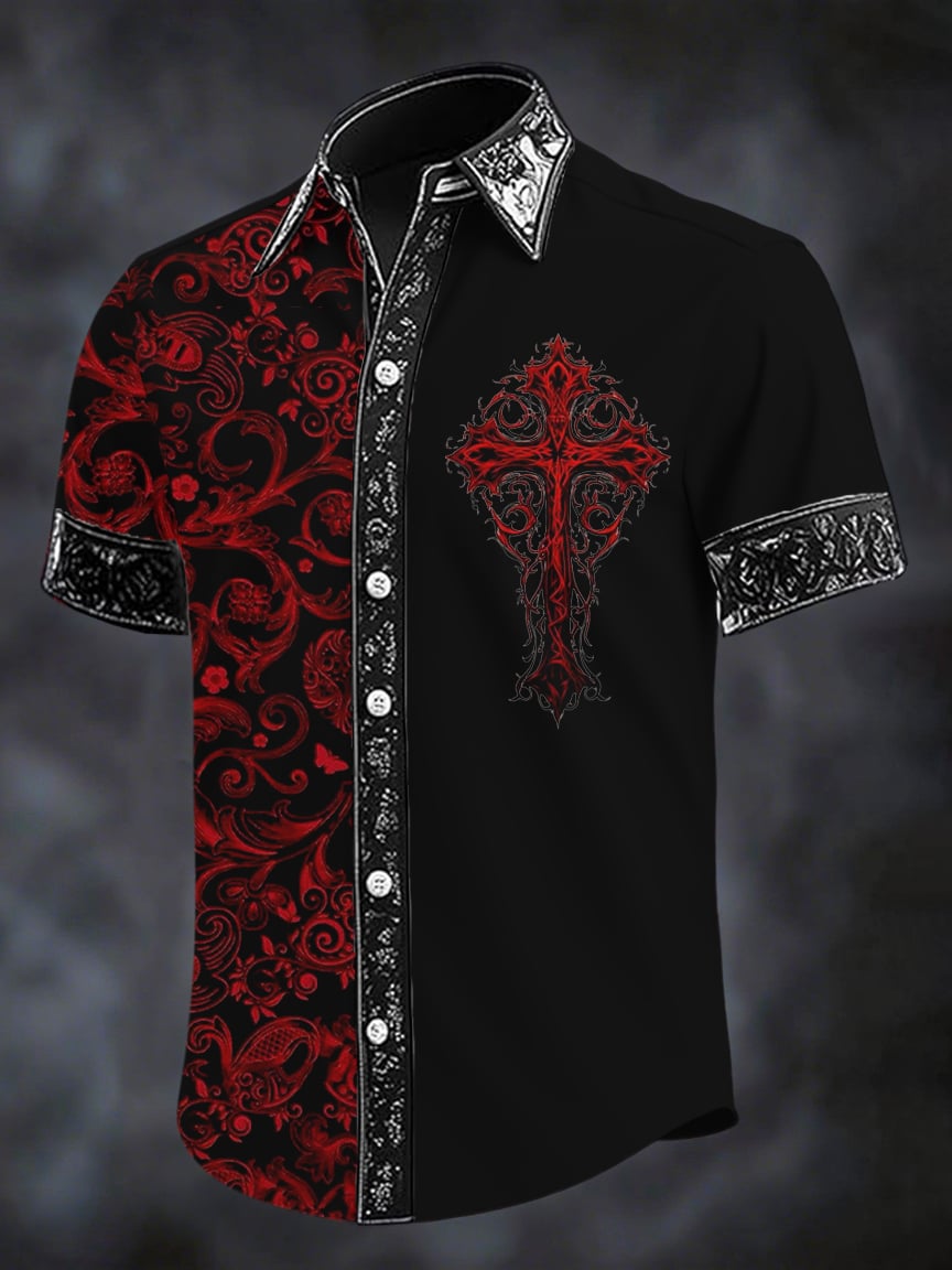 Men's Retro Gothic Cross Print Short Sleeve Shirt