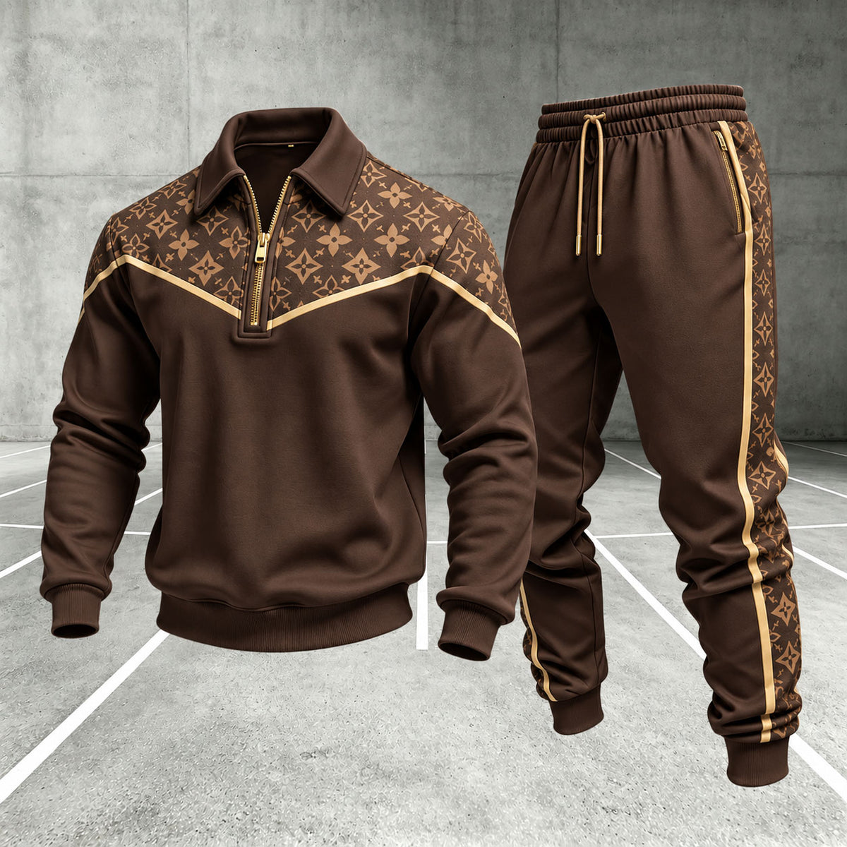 Men's Printed Zipper Polo Shirt and Pants Set
