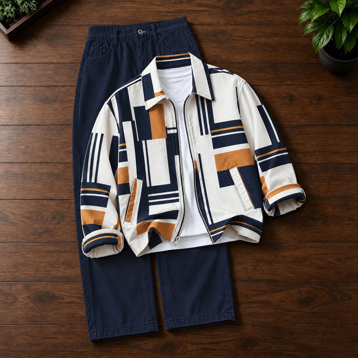 Men's Printed Lapel-Collar Zip-Up Cardigan and Pants Set