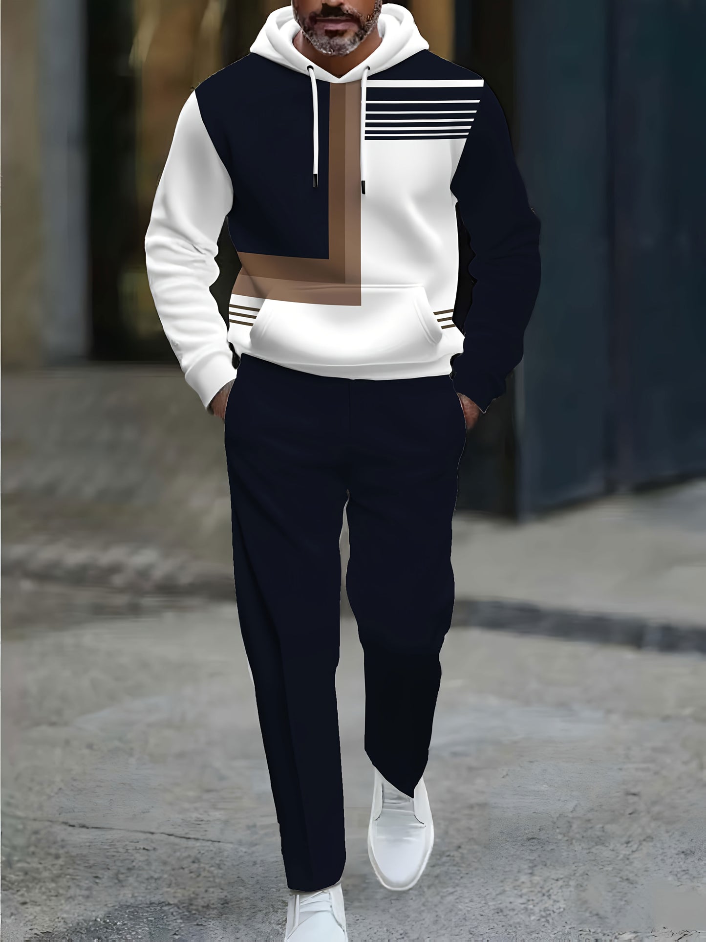 Men's Casual Color Matching Printed Hoodies Long Sleeved Trousers Two-Piece Set 1218