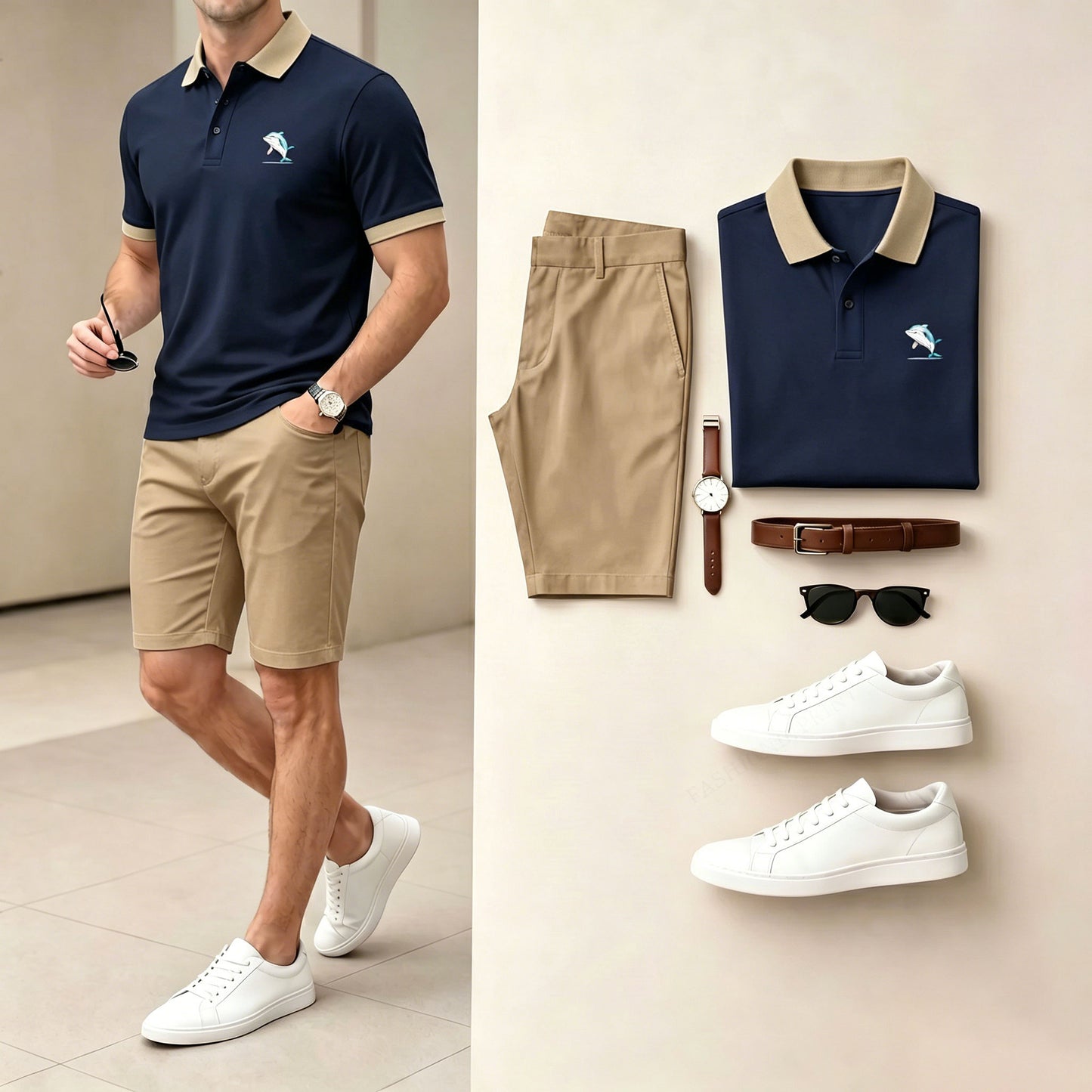 Men's Casual Dark Blue Color Polo Shirt & Shorts Two-Piece Set