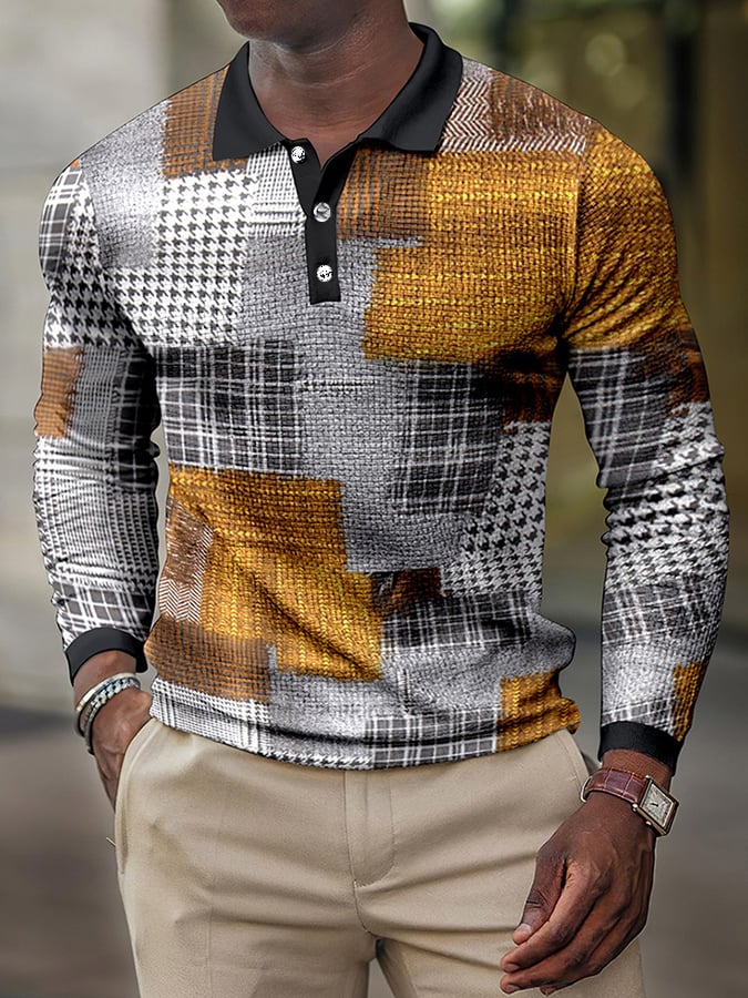 Colorblocked Plaid Casual Waffle Long Sleeved Men'S Polo Shirt