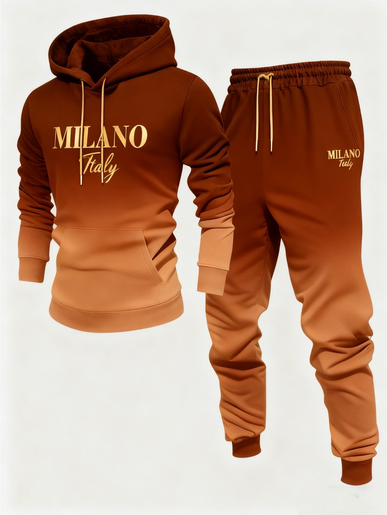 Men's Casual Orange Gradient Color Matching Printed Hoodies Long Sleeved Sweatshirts & Sweatpants Two-Piece Set