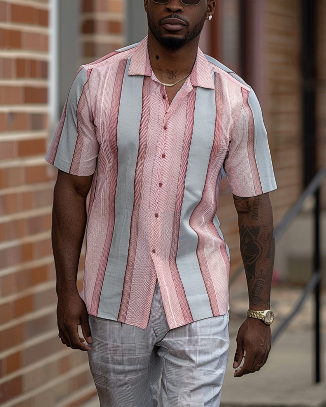 Men's Textured Short Sleeve Printed Two-Piece Walking Pants Set