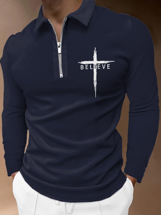 Men's Believe Cross Print Long Sleeve Polo Shirt