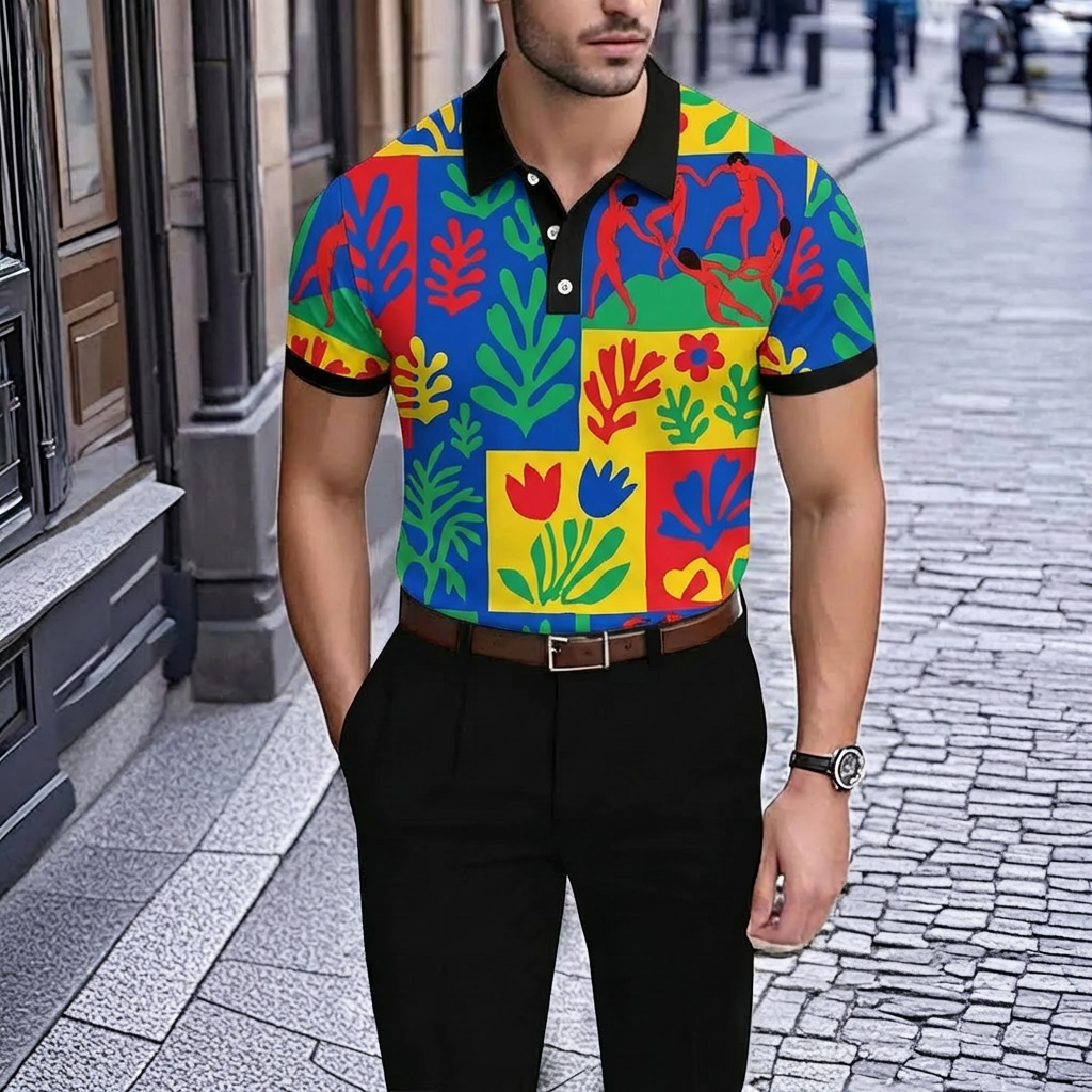 Men's Casual Color-Blocked Graffiti Print Short-Sleeved Polo Shirt