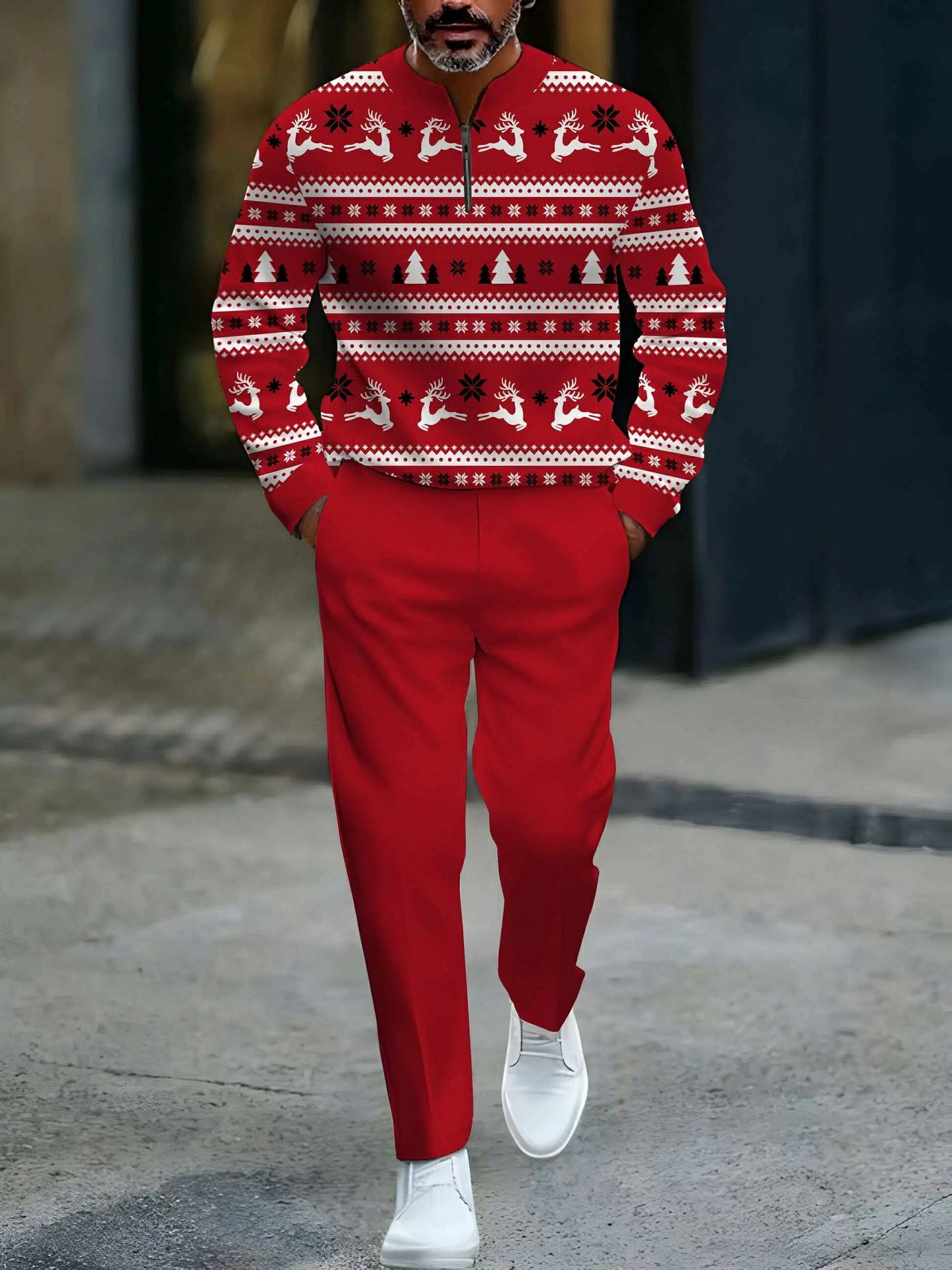 Men's Red & White Color Matching Elk Christmas Printed Round-Neck Zipper Long Sleeved Sweatshirt & Trousers Two-Piece Set