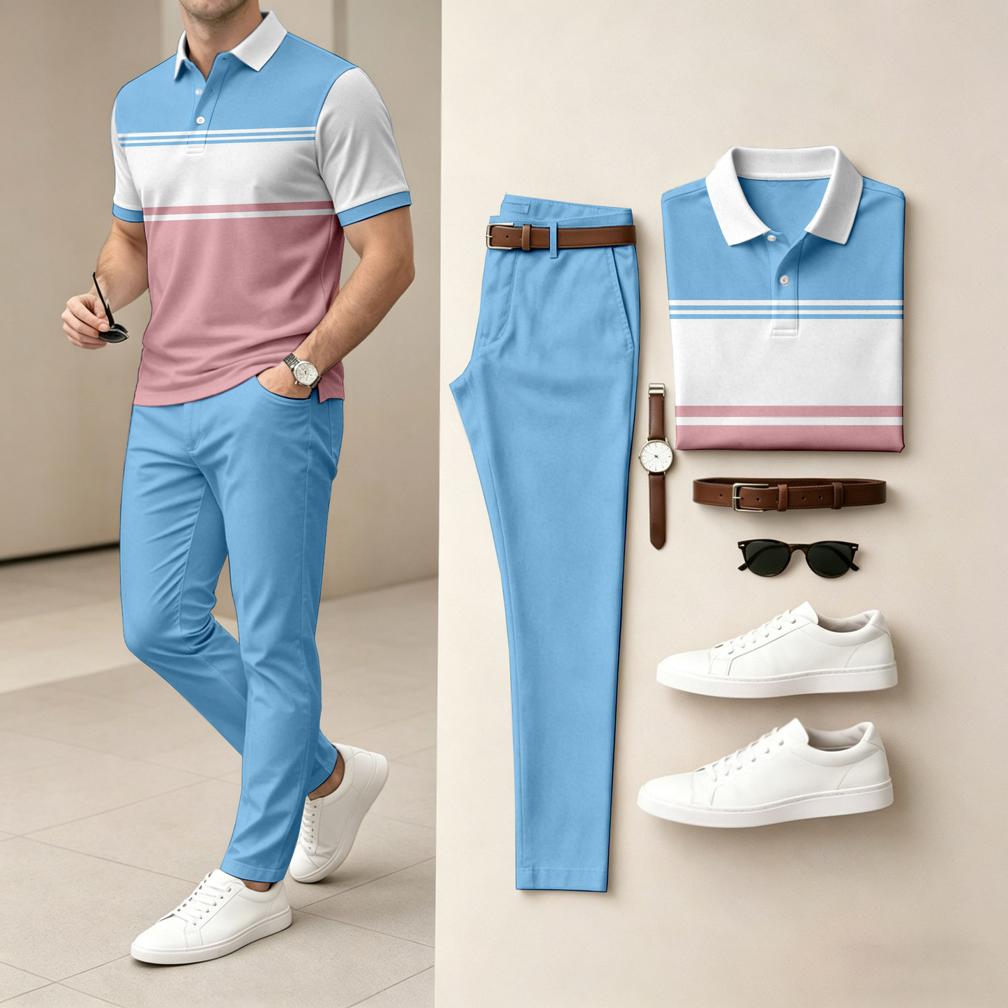 Men's Casual Horizontal Striped Color-Block Print Short-Sleeve Polo Shirt And Pants Set (Excludes Accessories Such As Watches And Belts)