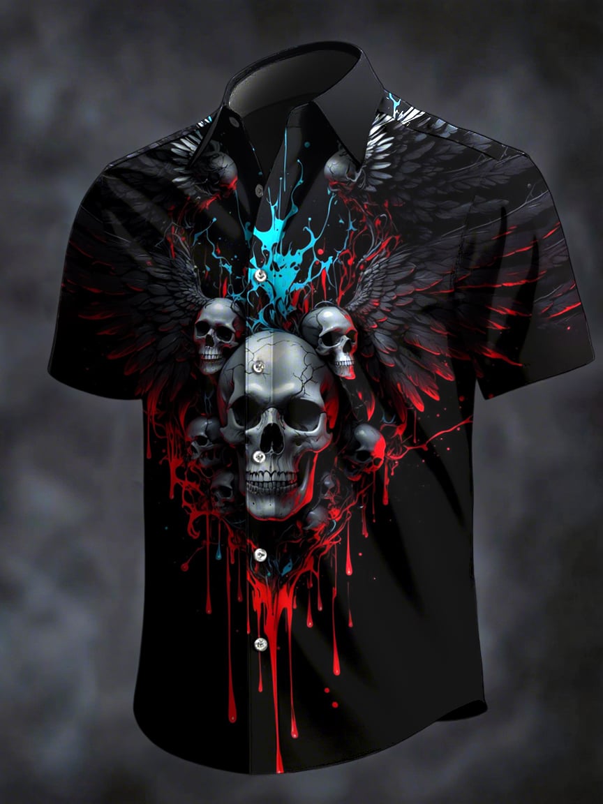 Men's Retro Horror Skull Print Lapel Short Sleeve Shirt