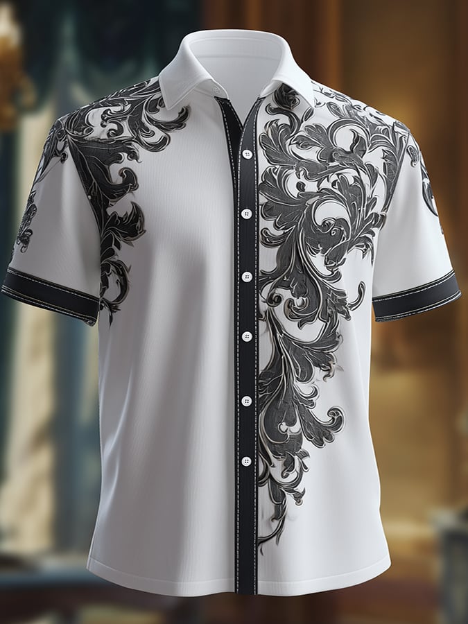 Men's Casual Retro Gentleman Brogue Pattern Dark Shirt