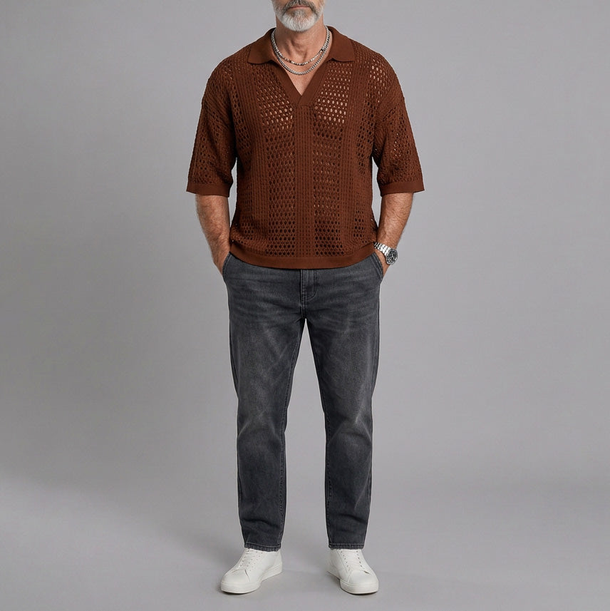 Openwork Mesh-Knit Short-Sleeve Polo Shirt